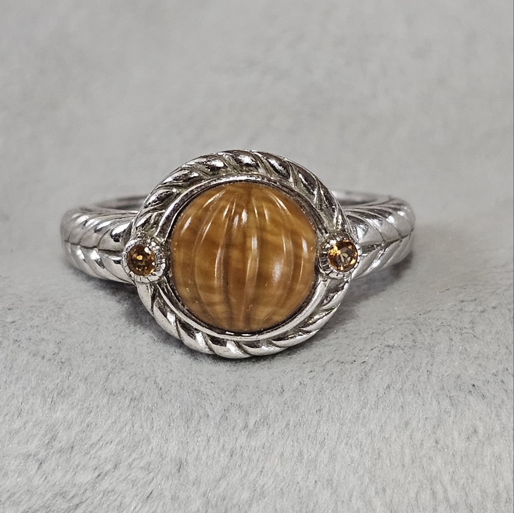 Judith Ripka Carved Tigers Eye and Citrine Ring sz10.5